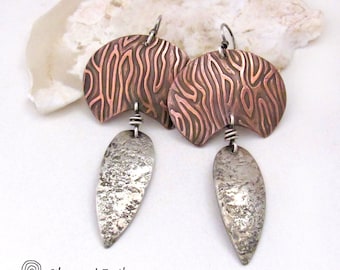 Textured Sterling Silver and Copper Mixed Metal Earrings, Artisan Handcrafted Contemporary Modern Jewelry, Bold Unique Statement Earrings