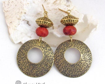 Textured Gold Brass Hoop Dangle Earrings with Faceted Red Coral & Brass Tribal Beads,  Artisan Handcrafted Bold Modern Statement Jewelry