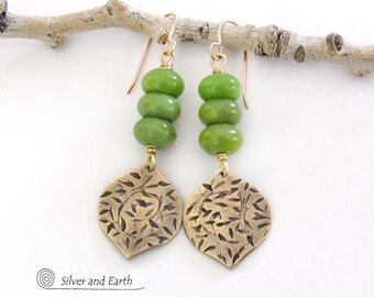 Green Serpentine and Gold Brass Earrings, Modern Earthy Chic Gemstone Dangle, Artisan Handmade Hand Stamped Metalwork Jewelry