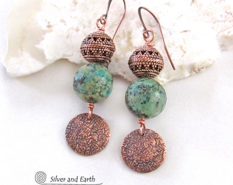 African Turquoise Copper Dangle Earrings with Filigree Beads, Elegant Earthy Chic Modern Boho Artisan Handmade Jewelry, 7th Anniversary Gift