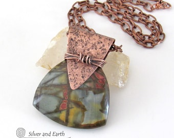 Red Creek Jasper and Copper Pendant Necklace, One of Kind Statement Necklace, Handmade Artisan Jewelry, Unique Gemstone Gifts for Women