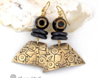 Hand Stamped Gold Brass Earrings with Tibetan Eye Agate Stones, Bohemian Ethnic Tribal Style, Artisan Handcrafted Bold Mod Statement Jewelry