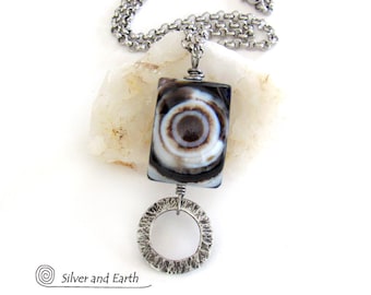 Eye Agate Stone Necklace with Hammered Silver Pewter Circle, White Black Gemstone Necklace,  Good Luck Evil Eye Protection Jewelry Handmade