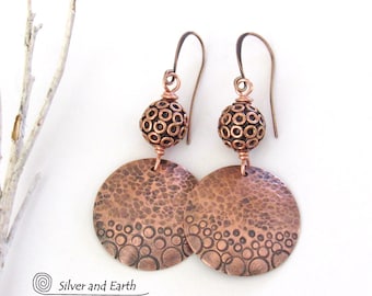 Copper Circle Earrings with Hand Stamped & Hammered Texture, Unique Handmade Artisan Metalwork Jewelry, 7th Anniversary Gifts for Women