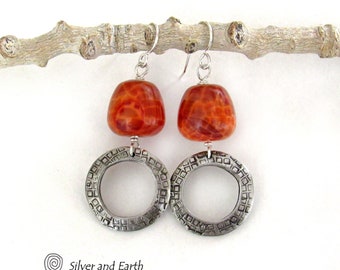 Orange Fire Agate Gemstone Earrings with Hand Stamped Silver Pewter Circle Hoop Dangles, Artisan Handcrafted Earthy Modern Stone Jewelry