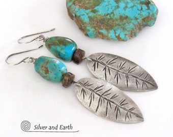 Natural Turquoise & Sterling Silver Feather Earrings with Bronzite Stones, Tribal Southwestern Artisan Handmade Silversmith Jewelry
