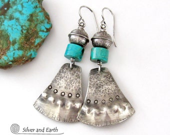 Southwest Sterling Silver and Turquoise Earrings, Artisan Handcrafted Silversmith Jewelry, Bold Modern Tribal Southwestern Style Earrings