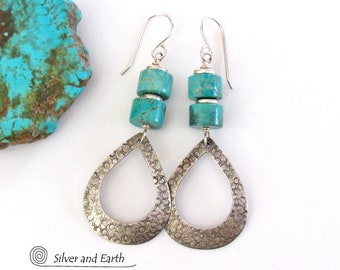 Turquoise Sterling Silver Hoop Dangle Earrings, Artisan Handmade Modern Boho Sundance / Southwest Style Jewelry