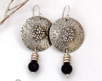 Textured Sterling Silver Earrings with Dangling Black Onyx Gemstones, Bold Edgy Organic Contemporary Modern Sterling Handcrafted Jewelry