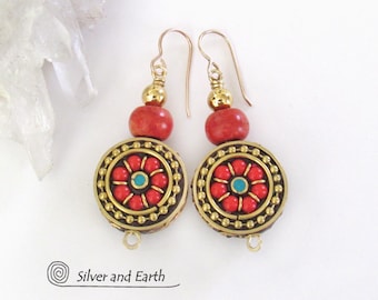 Tibetan Brass Earrings with Red Coral Inlaid Beads , Bold Exotic Statement Earrings, Artisan Handmade Bohemian Ethnic Style Jewelry