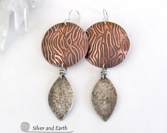 Textured Sterling Silver and Copper Mixed Metal Earrings, Artisan Handmade Contemporary Modern Jewelry, Unique Bold Statement Earrings