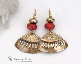 Textured Gold Brass Dangle Earrings with Faceted Red Coral, Bold Unique Modern Bohemian Boho Chic Style Artisan Handmade Jewelry