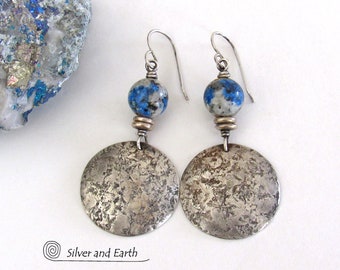 Sterling Silver Earrings with Organic Rustic Texture & Blue White Black K2 Granite Gemstones, Artisan Handcrafted Modern Silversmith Jewelry