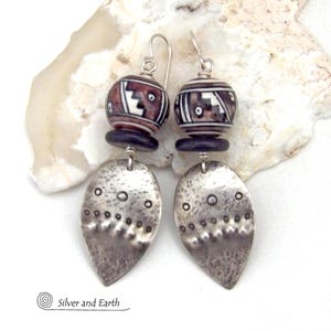 Sterling Silver Earrings with Big Peruvian Hand Painted Ceramic Beads, Artisan Handcrafted Bold Unique Ethnic Boho Tribal Statement Jewelry