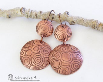 Big Bold Copper Earrings with Mod Abstract Circle Texture, Urban Modern Statement Jewelry, Hand Forged Round Textured Metal Earrings