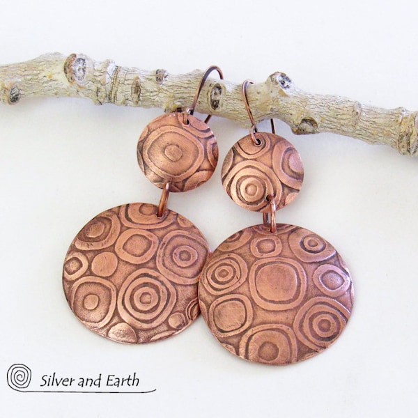 Big Bold Copper Earrings with Mod Abstract Circle Texture, Urban Modern Statement Jewelry, Hand Forged Round Textured Metal Earrings