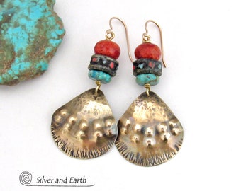 Textured Gold Brass Earrings with African Beads, Turquoise & Red Coral - Handmade Bold Modern Bohemian Boho Chic Tribal Statement Jewelry