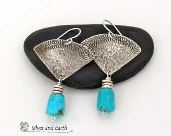 Sleeping Beauty Turquoise Sterling Silver Earrings, Bold Unique Artisan Handmade Silvermith Jewelry, USA Southwest Genuine Turquoise Jewelry