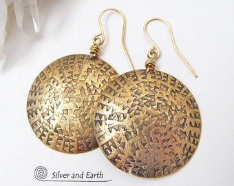 Big Bold Gold Brass Earrings, Large Round Textured Metal Dangle Earrings, Handforged Modern Metal Jewelry, Fashion Statement Earrings