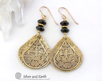 Gold Brass Earrings with Black Onyx & Filigree Charms, Bold Exotic Egyptian Earrings, Modern Boho Chic, Unique Handmade Artisan Jewelry
