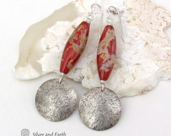 White Lace Red Jasper Sterling Silver Earrings, Artisan Handmade Sterling and Gemstone Jewelry, Unique Natural Stone Long Dangle Earrings