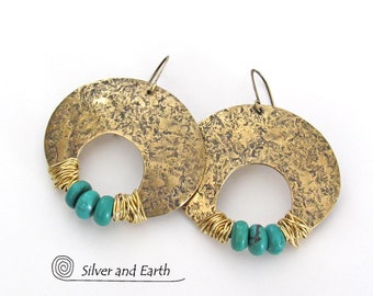 Brass Crescent Moon Earrings with Turquoise, Celestial Moon Phase Jewelry, Unique Big Bold Statement Earrings, Artisan Handmade Jewelry