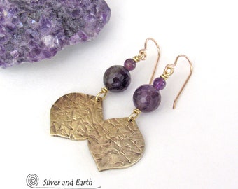 Purple Amethyst Gold Brass Dangle Earrings, 21st Anniversary Gift for Wife, Elegant Modern Gemstone Jewelry, February Birthstone Earrings