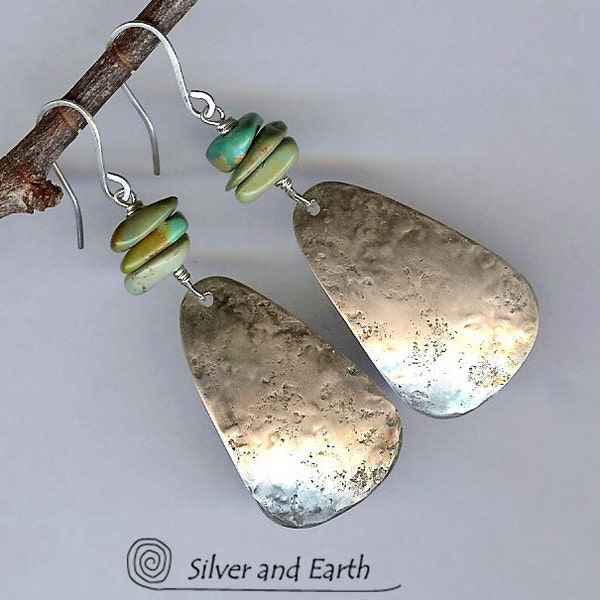 Sterling Silver Dangle Earrings w- Organic Texture & Turquoise, Turquoise Jewelry, Earthy Oxidized Hammered Silver Metalwork Earrings