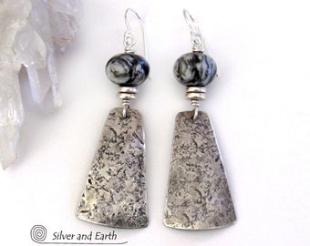 Sterling Silver and Black Web Jasper Stone Earrings, Contemporary Modern Dangle Earrings, Artisan Handmade Silvermith Jewelry