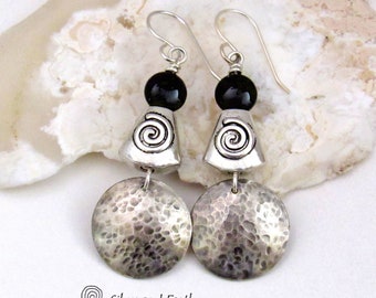 Hammered Sterling Silver Earrings with Black Onyx Stones and Spiral Beads, Boho Modern Contemporary Artisan Handcrafted Sterling Jewelry