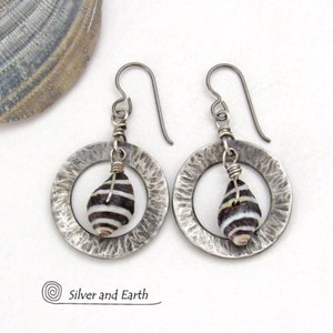 Small Silver Pewter Circle Hoop Earrings with Black and White Seashells, Artisan Handmade Earthy Chic Natural Sea Shell Jewelry