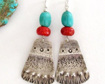 Sterling Silver and Turquoise Earrings with Red Coral, USA Southwest Santa Fe Style Jewelry, Artisan Handcrafted Big Bold Statement Earrings