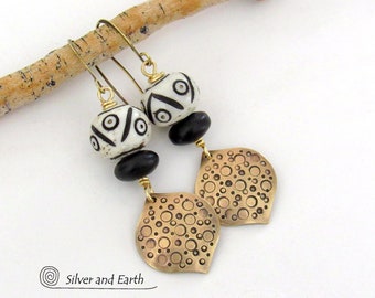 Gold Brass Dangle Earrings with Hand Stamped Texture & African Carved Bone and Black Glass Beads, Artisan Handmade Bold Ethnic Boho Jewelry