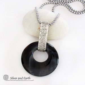 Black Onyx Sterling Silver Necklace, Contemporary Modern Pendant Necklace for Everyday Wear, Handmade Artisan Silversmith Jewelry