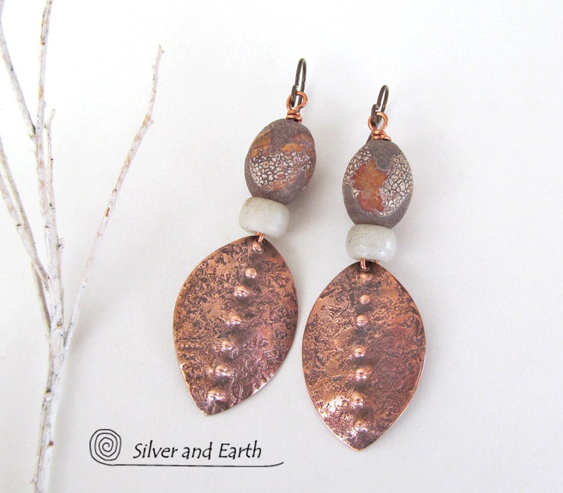 Rustic Ethnic African Jewelry Tribal Copper Earrings with African Agate Stones Handforged Copper Jewelry Afrocentric Fashion Boho Style