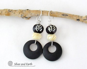 African Carved Bone Earrings with Matte Black Glass Circle Hoops, Sterling Silver Ear Wires, Boho Ethnic African Handmade Artisan Jewelry