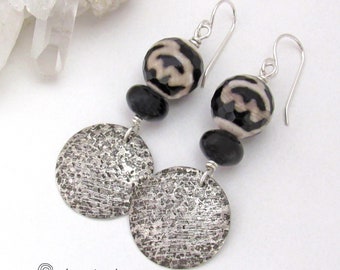 Sterling Silver Earrings with Black and White Tibetan Agate and Onyx Gemstones, Artisan Handcrafted Elegant Modern Boho Chic Jewelry
