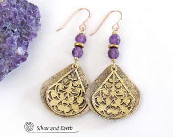 Amethyst and Gold Brass Earrings with Filigree Charms, Purple Gemstone Dangle, February Birthstone Gift, Elegant Modern Boho Chic Jewelry