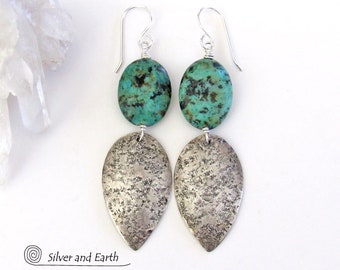 African Turquoise Sterling Silver Earrings, Modern Organic Earthy Natural Stone Earrings, Handmade Artisan Sterling Silver & Stone Jewelry