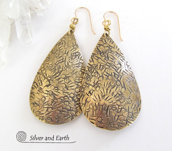 Large Gold Brass Teardrop Earrings Handmade Textured Modern Metal