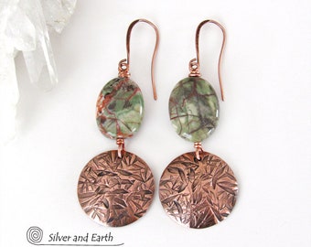 Green Rhyolite Jasper Earrings with Round Textured Copper Dangles, Handmade Metalwork Jewelry, Earthy Natural Stone Earrings