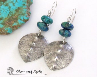 Sterling Silver Earrings with Blue Green Chrysocolla Stones, Rustic Earthy Organic Modern Tribal Jewelry, Hand Forged Silversmith Earrings