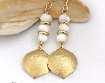 White Mother of Pearl Earrings with Shiny Gold Brass Dangles, 21st Anniversary Gift for Wife, June Birthstone Jewelry Gifts for Women