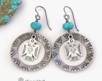 Thunderbird Silver Tone Pewter Hoop Earrings with Blue Turquoise Stones, Artisan Handcrafted Sundance Western Chic Southwest Style Jewelry