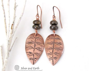 Copper Leaf Earrings with Brown Bronzite Stones, Hand Stamped Metalwork Jewelry, Earthy Nature Earrings, Copper Anniversary Gifts for Women