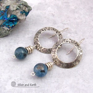 Aquamarine Gemstone Sterling Silver Circle Hoop Earrings, March Birthstone Jewelry Gifts, Artisan Handmade Chic Modern Silversmith Jewelry