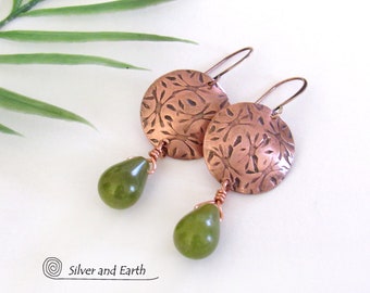 Hand Stamped Copper Earrings with Dangling Green Jade Stones, Artisan Handcrafted Metalwork Jewelry, Modern Earthy Green Stone Dangle Drop