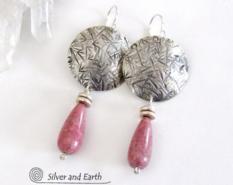 Rhodonite Sterling Silver Earrings, Mauve Pink Gemstone Dangle, Unique Artisan Silversmith Jewelry Handmade, Modern Round Silver Earrings