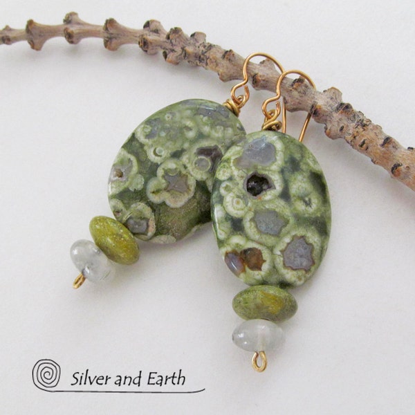 Beaded Earrings with Rainforest Jasper, Serpentine & Quartz, Beadwork Earrings, Natural Stone Jewelry, Green Stone Earrings, Earthy Earrings