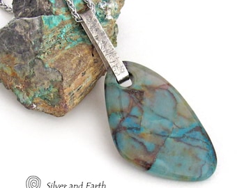 Large Blue Chrysocolla Quartz Sterling Silver Necklace, One of a Kind Big Chunky Gemstone Statement Pendant, Handcrafted Artisan Jewelry